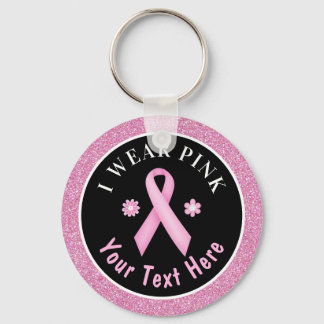 I Wear Pink Breast Cancer Awareness Glitter Keycha Key Ring