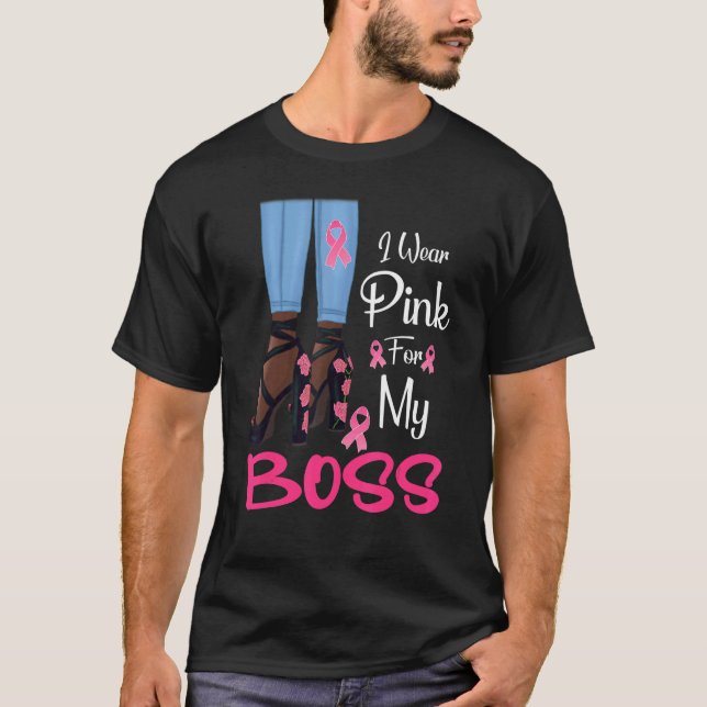 I Wear Pink For My Boss Ribbon Melanin Black Woman T-Shirt (Front)