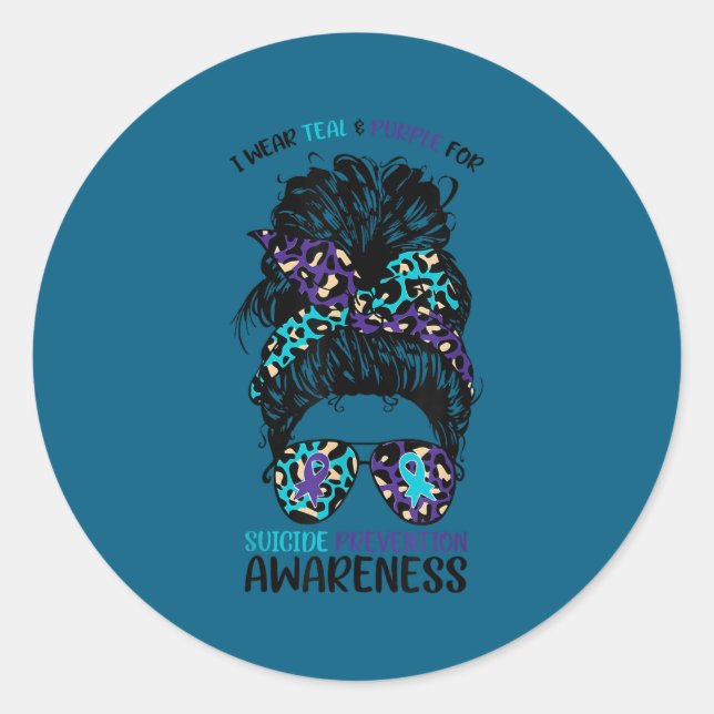 I Wear Teal &amp; Purple For Suicide Prevention Aw Classic Round Sticker (Front)