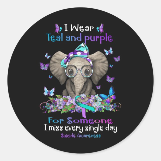 I Wear Teal And Purple Suicide Awareness Elephant  Classic Round Sticker (Front)