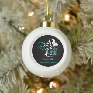 I Wear Teal And White My Grandma Cervical Cancer Ceramic Ball Christmas Ornament