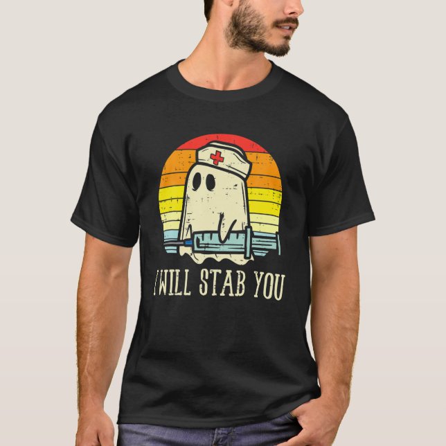 I Will Stab You Ghost Nurse Retro Funny Halloween T-Shirt (Front)