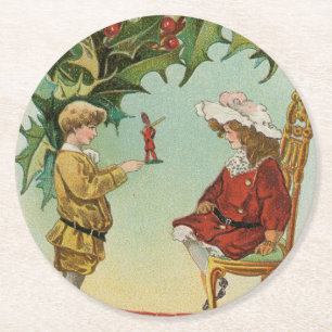 I WIsh You a Merry Christmas - vintage postcard Round Paper Coaster
