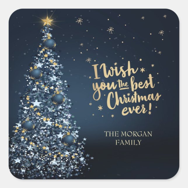 I Wish You The Best Christmas Ever,Blue Pine Tree  Square Sticker (Front)