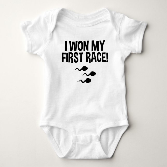 I Won My First Race Funny Sperm Baby Bodysuit (Front)