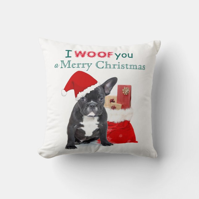 "I woof you a Merry Christmas" Bulldog Puppy Cushion (Front)