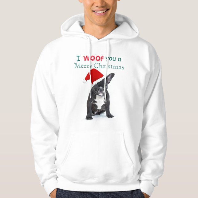 "I Woof You a Merry Christmas" Bulldog Puppy Hoodie (Front)