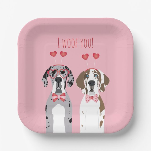 I Woof You Great Dane Dogs Pink Red Paper Plate (Front)