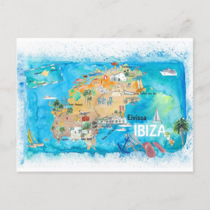 Ibiza Spain Illustrated Map with Landmarks Postcard
