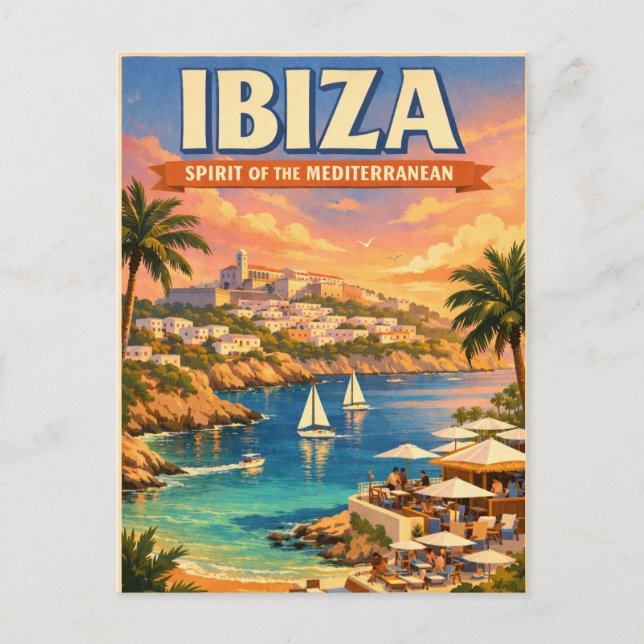 Ibiza, Spain, in a classic retro Postcard (Front)