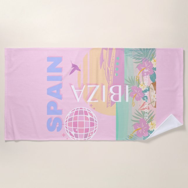 Ibiza, Spain, Travel Art, Preppy Art, Pink Beach Towel (Front)