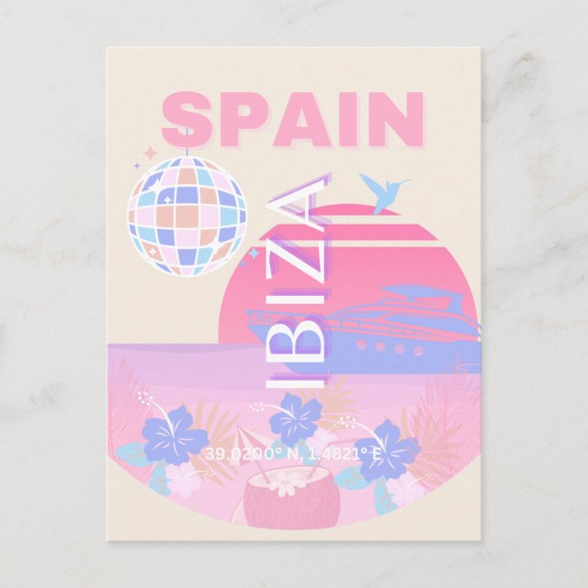 Ibiza, Spain, Travel Art, Preppy Art, Pink Holiday Postcard (Front)