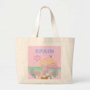 Ibiza, Spain, Travel Art, Preppy Art, Pink Large Tote Bag