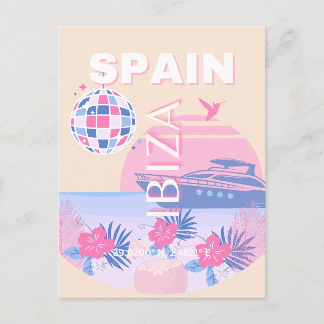 Ibiza, Spain, Travel Art, Preppy Art, Pink, Pastel Holiday Postcard (Front)