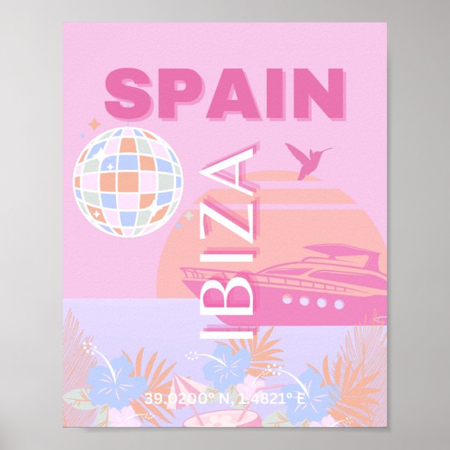 Ibiza, Spain, Travel Art, Preppy Art, Pink Poster (Front)