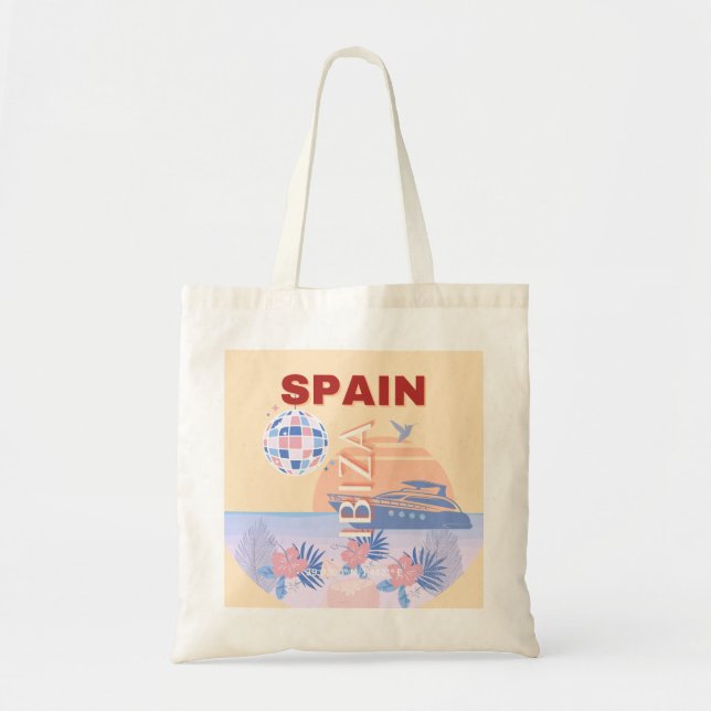 Ibiza, Spain, Travel Art, Retro Art, Pastel Tote Bag (Front)
