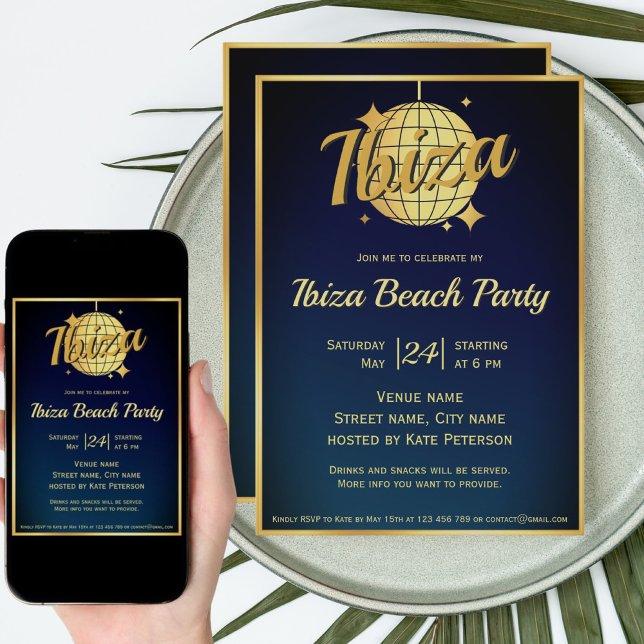 Ibiza themed eivissa gold disco ball party  invitation (Creator Uploaded)