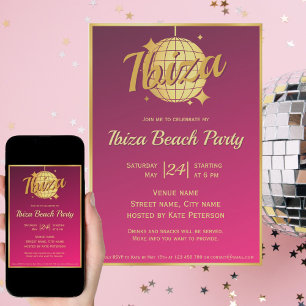 Ibiza themed eivissa gold disco ball pink party  invitation