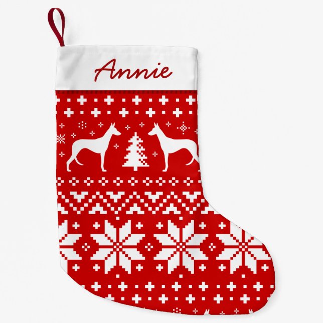 Ibizan Hound Silhouettes Holiday Pattern Red Small Christmas Stocking (Front)