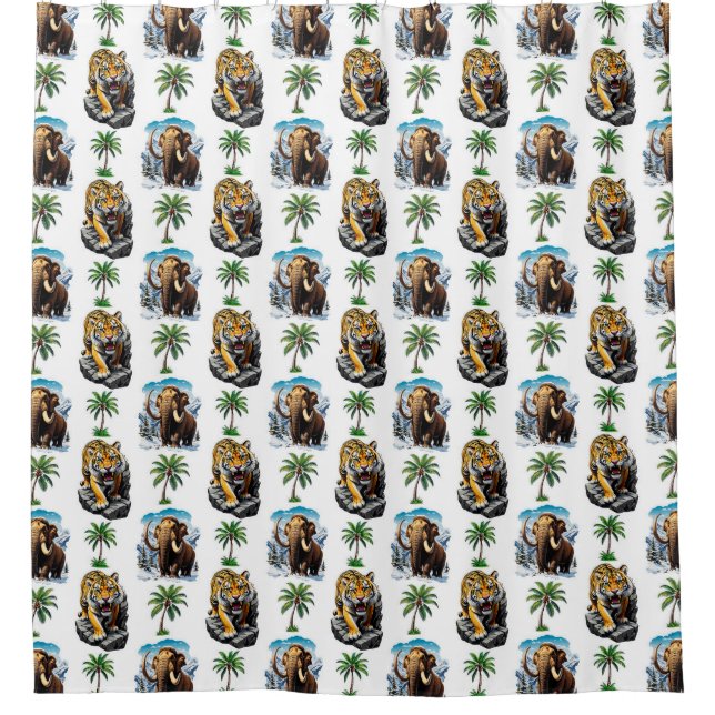 Ice Age Mammoth Sabertooth Tiger Pattern Design  Shower Curtain (Front)
