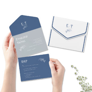 Ice and Navy Blues Simple Modern Wedding All In One Invitation