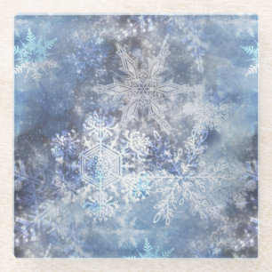 Ice and Snow Textured Blue Christmas Pattern Glass Coaster