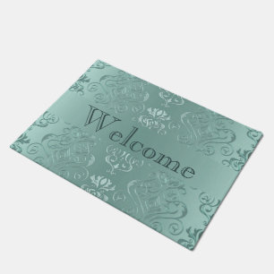 Ice Aqua Vintage Damask Print Doormat