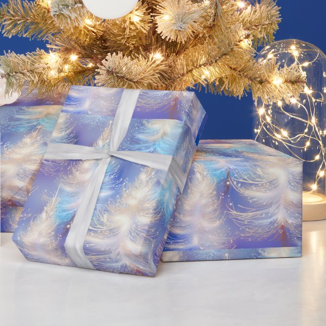Ice Blue and Gold Trees Modern Christmas Wrapping Paper (Holidays)