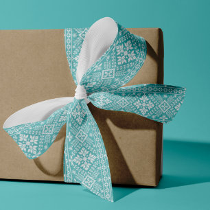 Ice Blue and White Nordic Sweater Pattern Grosgrain Ribbon