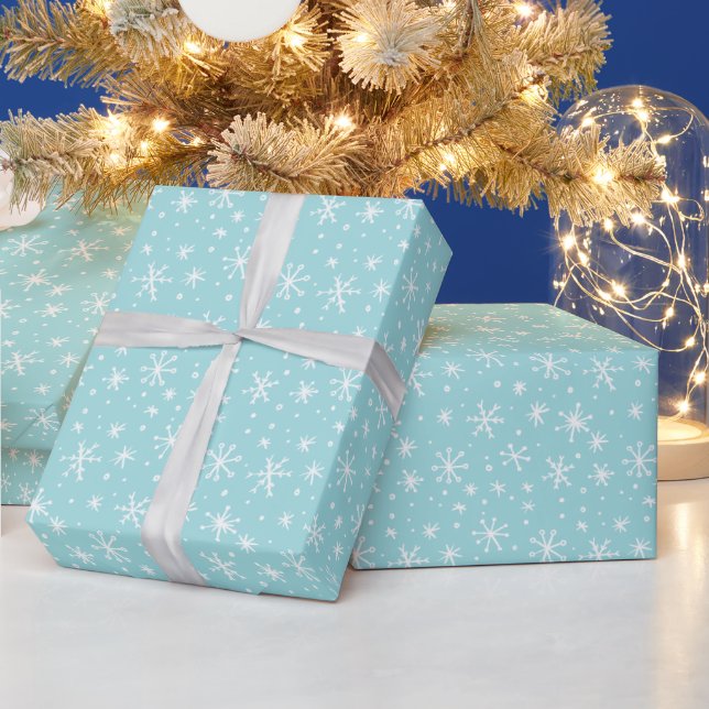 Ice Blue and White Snowflake Doodle Holiday Wrapping Paper (Holidays)