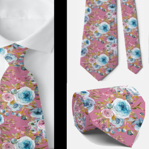 Ice Blue Blush Pink Floral Watercolor Roses Tie