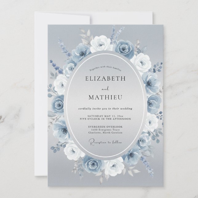 Ice Blue Botanical Watercolor Wedding Invitation (Front)