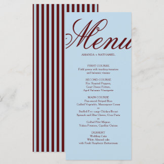 Ice Blue & Burgundy Stripes Retro Wedding Menu