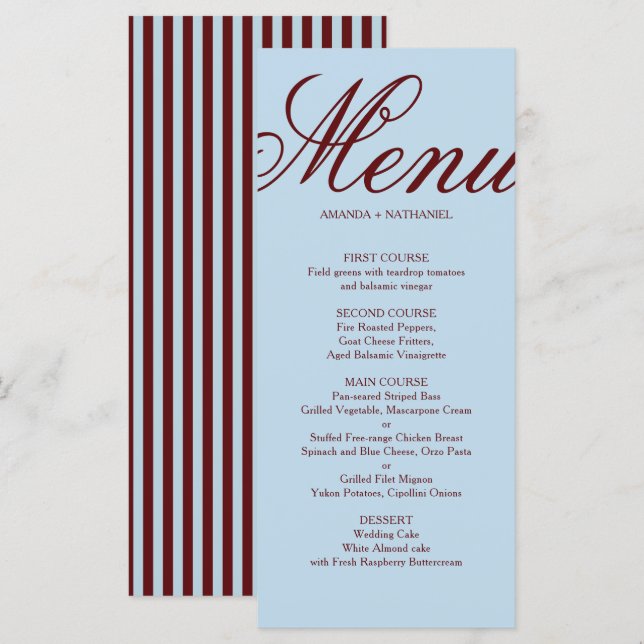 Ice Blue & Burgundy Stripes Retro Wedding Menu (Front/Back)