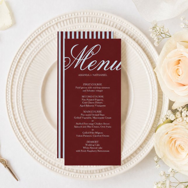Ice Blue & Burgundy Stripes Retro Wedding Menu (Creator Uploaded)
