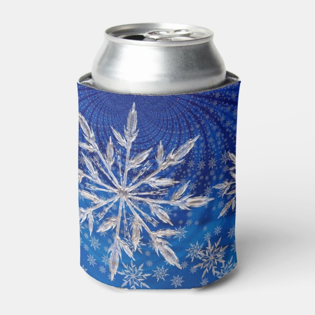 Ice Blue Christmas Star Snowflake Can Cooler (Can Front)