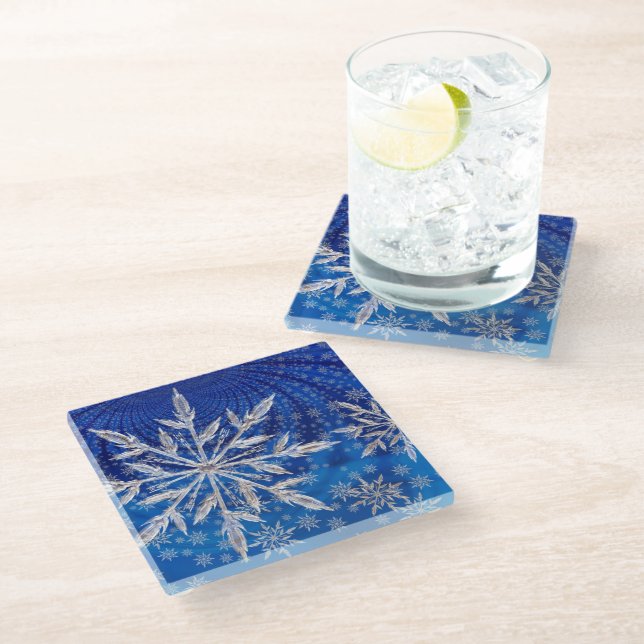 Ice Blue Christmas Star Snowflake Glass Coaster (Angled)
