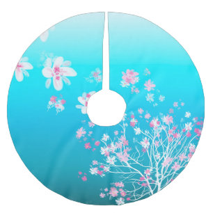 Ice blue colour fade with cherry blossoms brushed polyester tree skirt