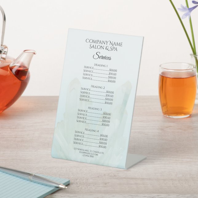Ice Blue Crystals Spa Salon Services Menu Pedestal Sign (In SItu)