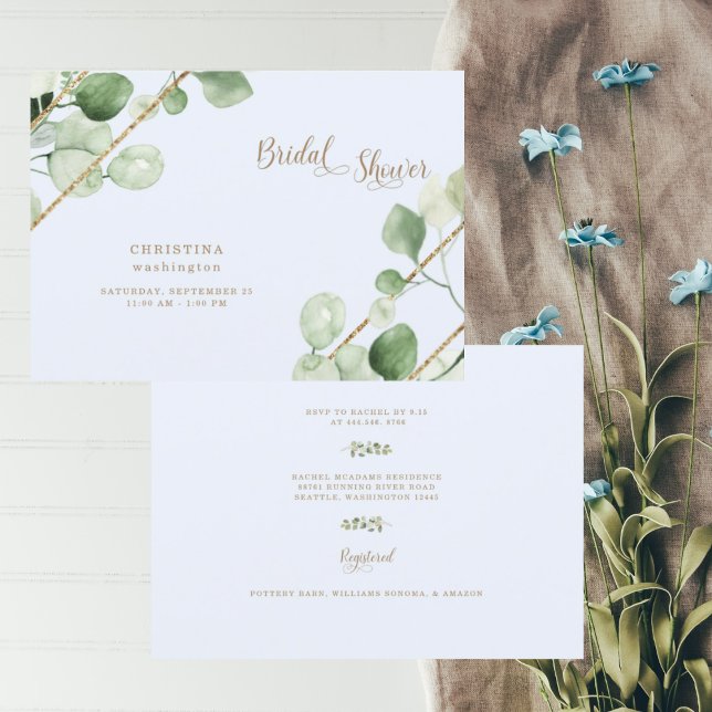 Ice Blue Eucalyptus Gold Text Bridal Shower Invitation (Creator Uploaded)