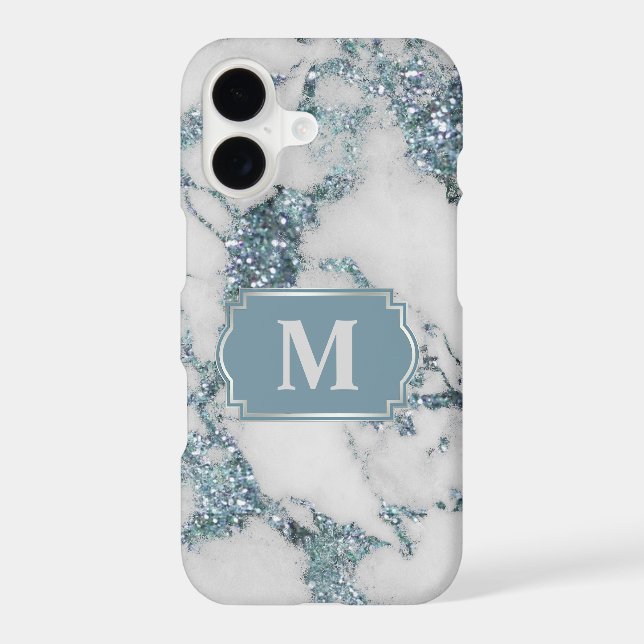 Ice Blue Faux Marble Glitter Monogram (Back)