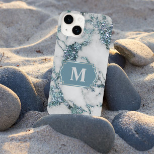 Ice Blue Faux Marble Glitter Monogram Case-Mate iPhone 14 Case