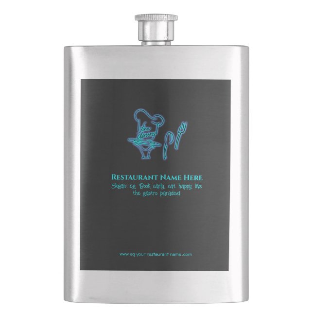 Ice blue fine dining restaurant logo hip flask (Front)