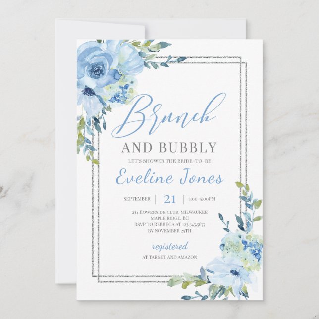 Ice blue floral silver geometric brunch and bubbly invitation (Front)