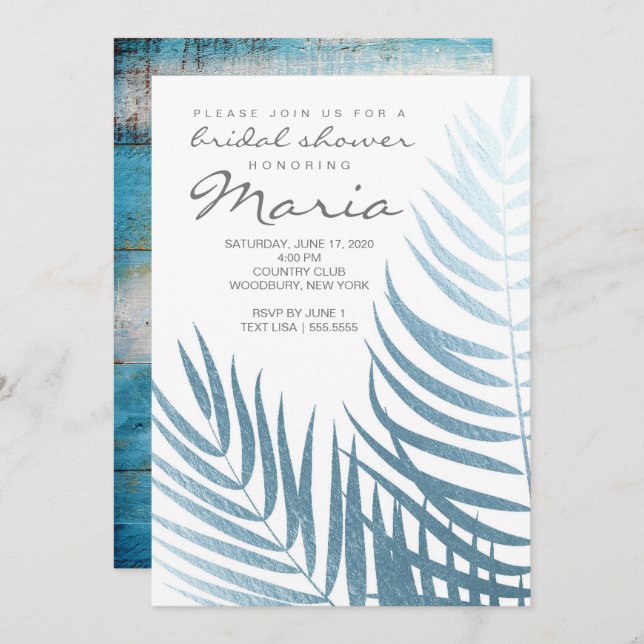Ice Blue Foil Palm Leaves Bridal Shower Invitation (Front/Back)