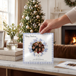 ice Blue Frosted Pine Wreath Christmas Photo Card