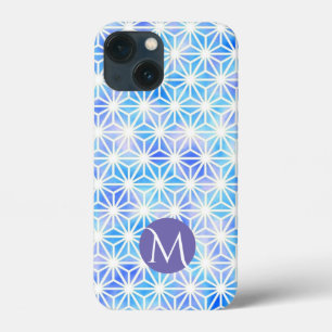 Ice Blue Geometric Grid Pattern Monogram iPhone 13 Mini Case