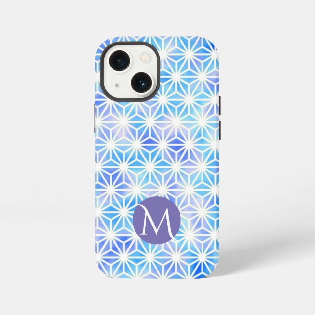 Ice Blue Geometric Grid Pattern Monogram iPhone Case (Back)
