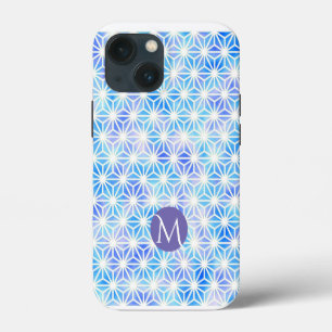 Ice Blue Geometric Grid Pattern Monogram iPhone 13 Mini Case