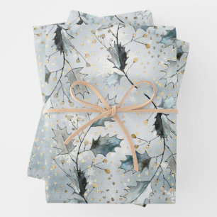 Ice Blue Gray Winter Holly Berries Golden Snowfall Wrapping Paper Sheet
